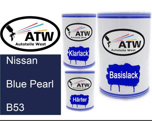 Nissan, Blue Pearl, B53: 500ml Lackdose + 500ml Klarlack + 250ml Härter - Set, von ATW Autoteile West.